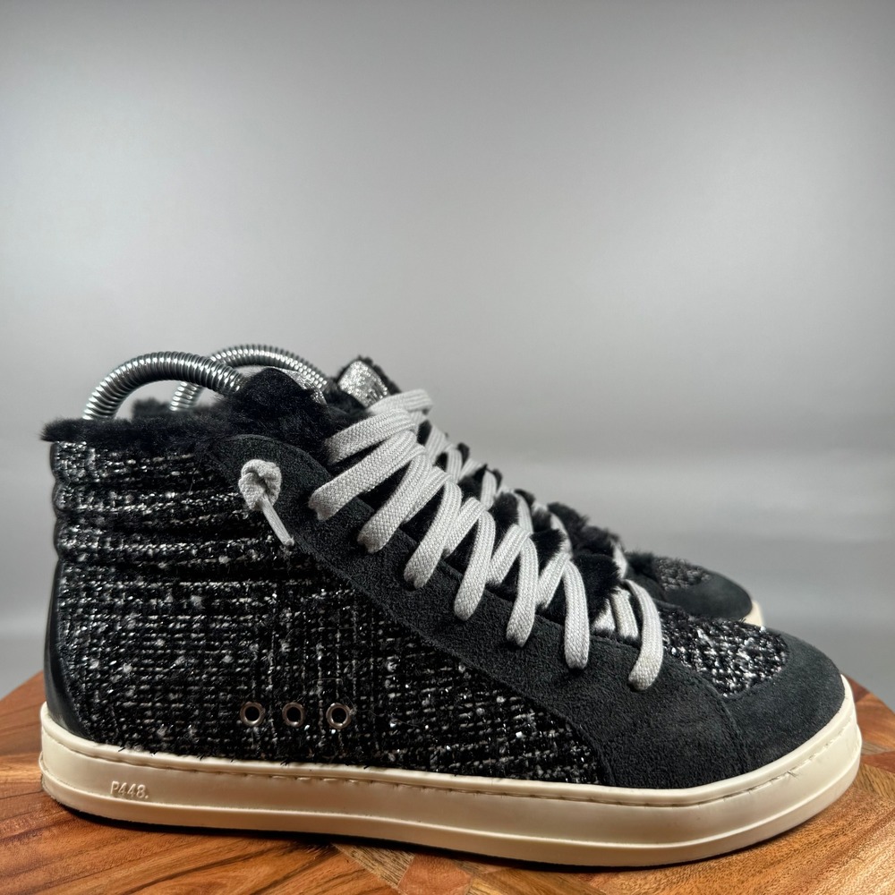 P448 Skate Women Black Silver Tweed Faux Fur High Top Sneakers Size 38 Italy